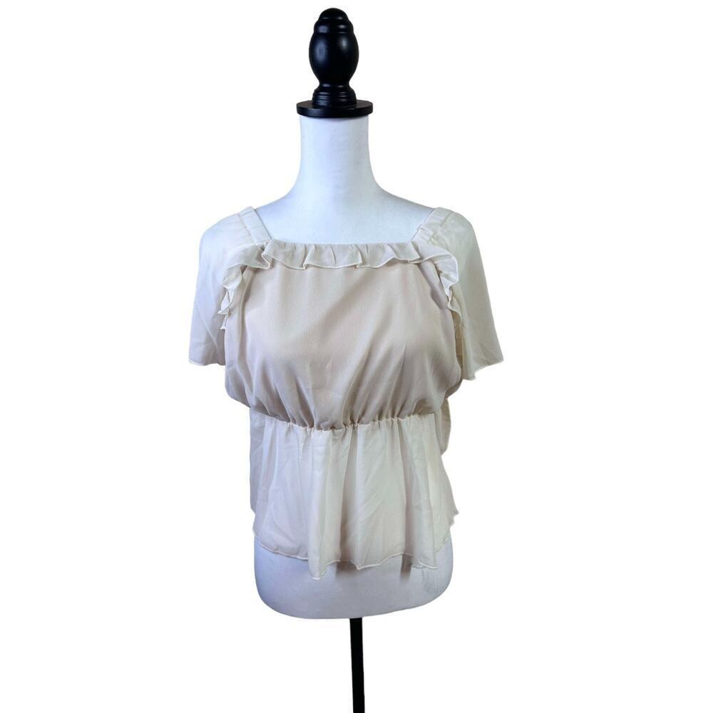 Womans Plus Short Sleeve Peasant Top Cream Color Flowey Light Weight Size 1XL - Picture 5 of 10
